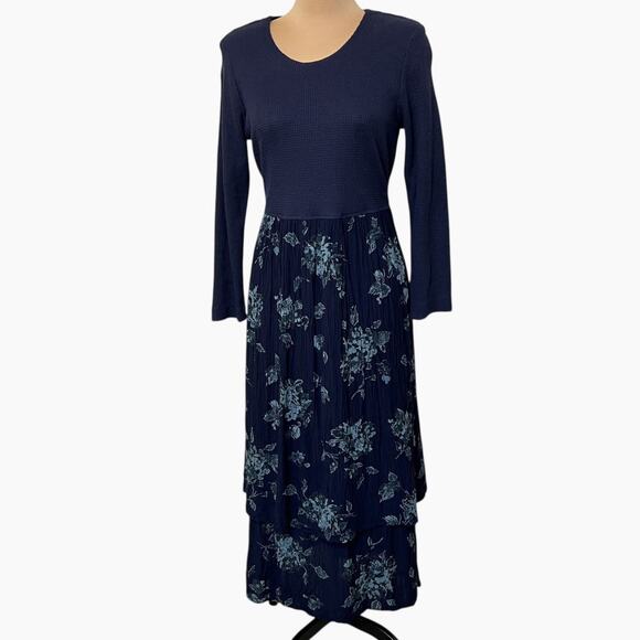 Vintage 90s Rabbit Designs Maxi Dress Size 14 Blue Floral Layered Crinkle Skirt - Picture 1 of 11